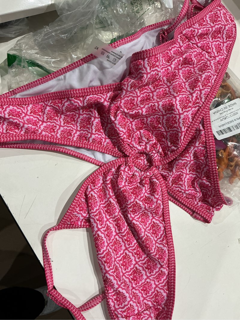 Condition photo showing Good Condition for fanuerg women's triangle bikini sets o ring linked two piece swimsuits floral printed cheeky bathing