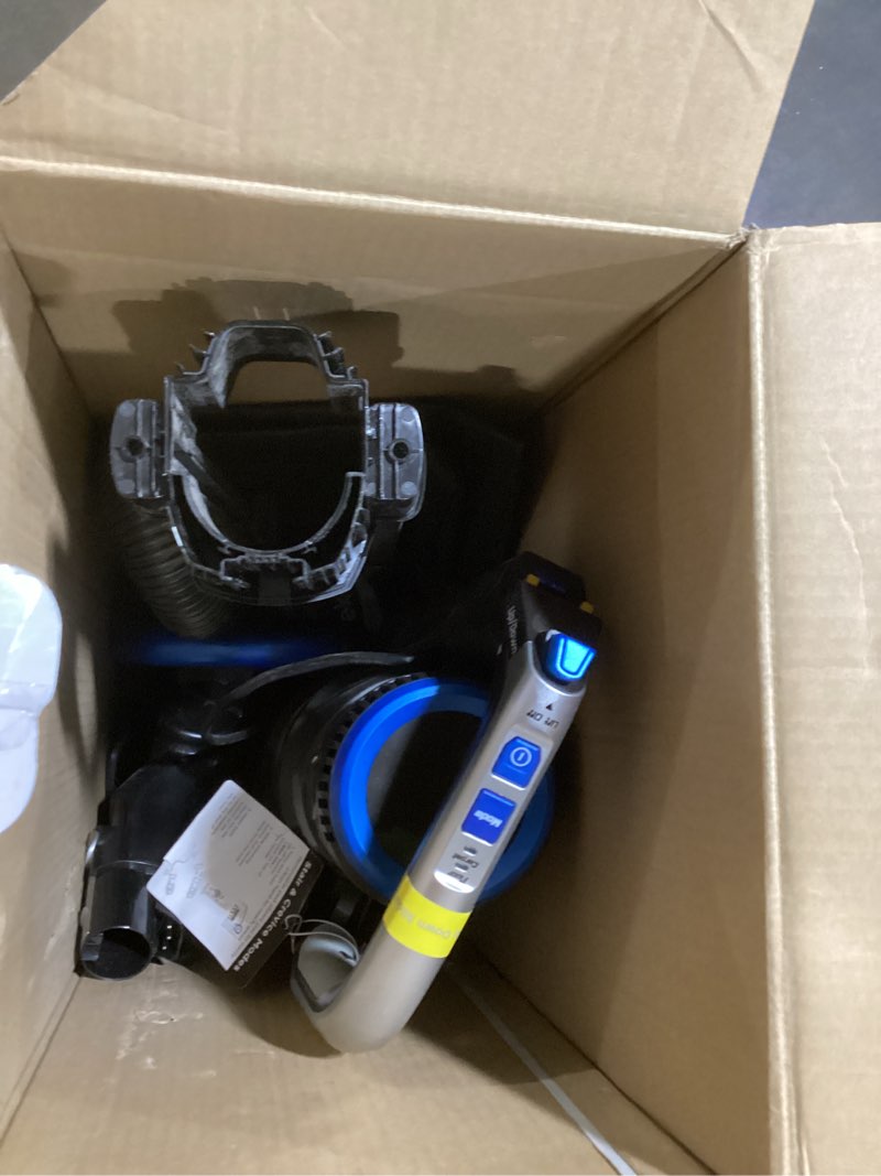 Condition photo showing As Is for eureka pet upright vacuum cleaner for carpet and hard floor, powerful bagless vacuum cleaner for home with hepa filter and pet tool, omniverse neu801bl with quickshift technology, blue omniverse neu801bl with quickshift technology blue