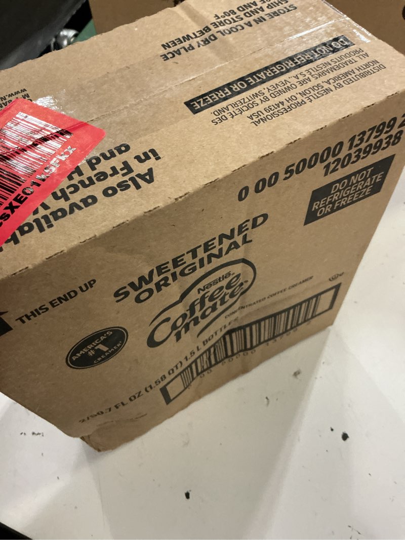 Condition photo showing New/Like New for (best by:jul/2026)liquid coffee creamer, sweetened original, 1.5 liter pump bottle, 2/carton