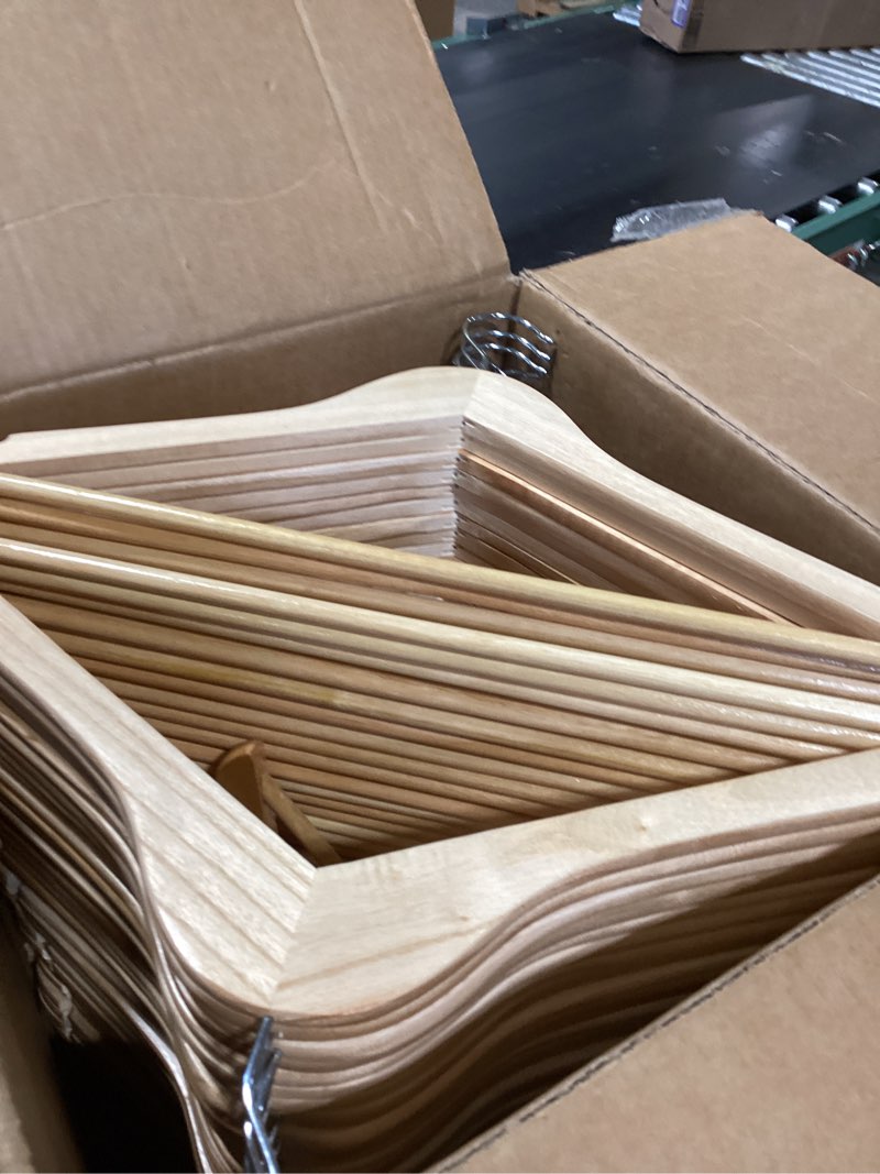 Condition photo showing New/Like New for Wooden Hangers 90 Pack,Heavy Duty Solid Wooden Clothes Hangers with Pant Bar,360-Degree Rotatable Hook,Durable & Slim Wood Hangers for Coats,Jackets,Dress,Pants(Natural) Natural 90