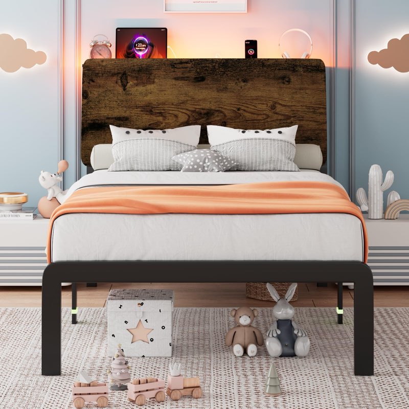 Einhomn Twin Size Bed Frame with Ergonomic Wooden Storage Headboard, LED Bed Frame with Charging Sta