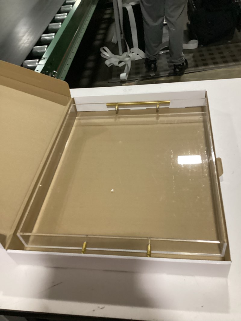 Condition photo showing Good Condition for Large Clear Acrylic Serving Tray (16×18 Inches) with Gold Handles Spill Proof Acrylic Decorative Tray Organiser for Ottoman Coffee Table Countertop 16x18 Inches