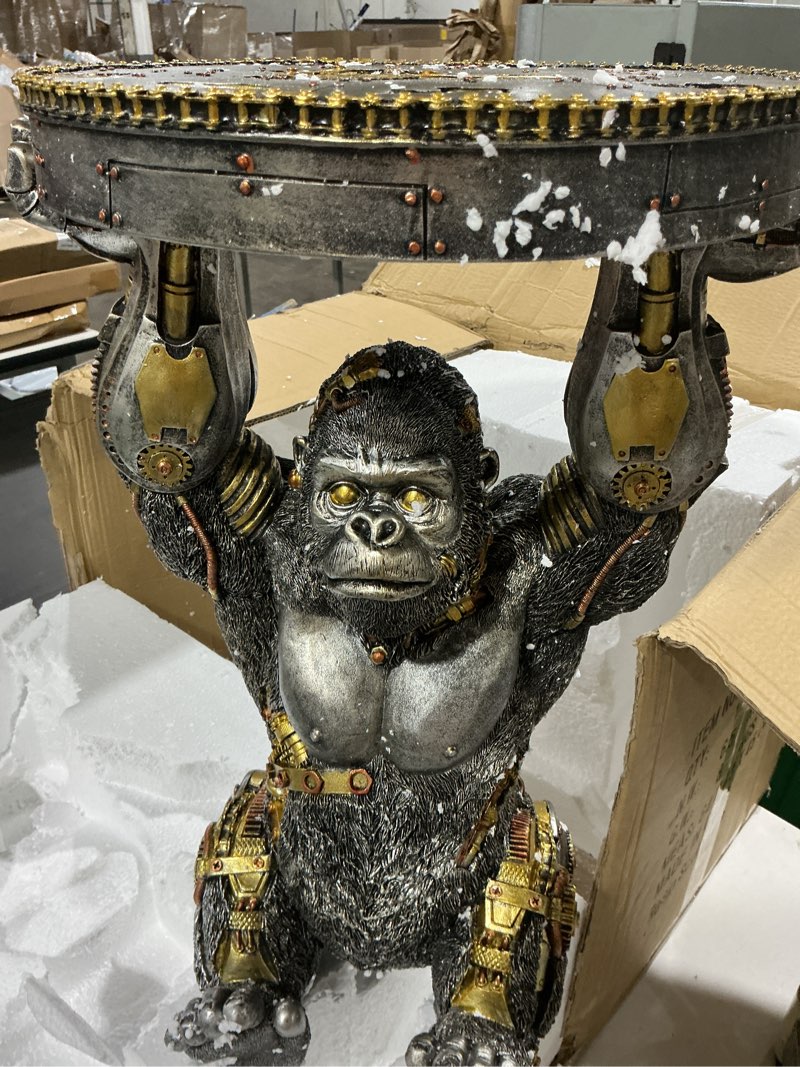 Condition photo showing Good Condition for genuinq steampunk gorilla - side table with pedestal, resin stool, cyborg, ape, sci-fi, hand-painted sculpture, collectible figure with cool gear for home cave decoration, male, silver color