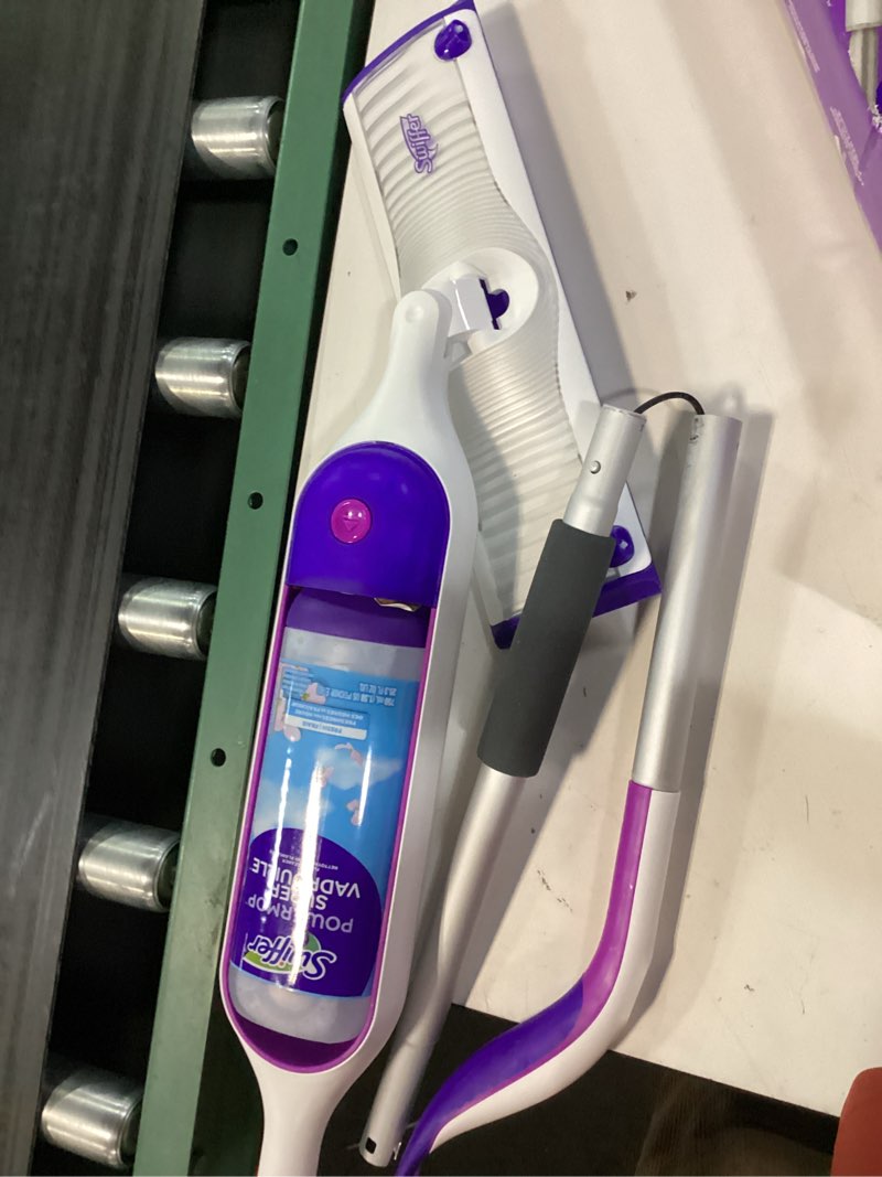 Condition photo showing Good Condition for swiffer powermop mopping kit for floor cleaning, set includes 1 power mop, 2 replacement pads, 1 liquid solution refill, 2 batteries, no bucket needed electric spray cleaner, multi-surface and wood purple and white