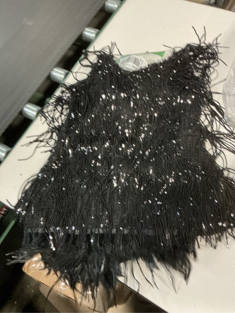 Condition photo showing Good Condition for Women's Sequin Cocktail Dresses 1920s Flapper Dress Gatsby Fringe Mini Dresses Feather Prom Party Dress Medium A-black