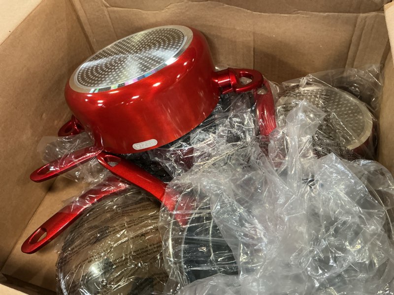 Condition photo showing Good Condition for induction cookware pots and pans set 10 piece, bezia dishwasher safe nonstick cooking pans, stay-cool bakelite handle, scratch resistant kitchen sets with frying pans, saucepans & stockpot (red)