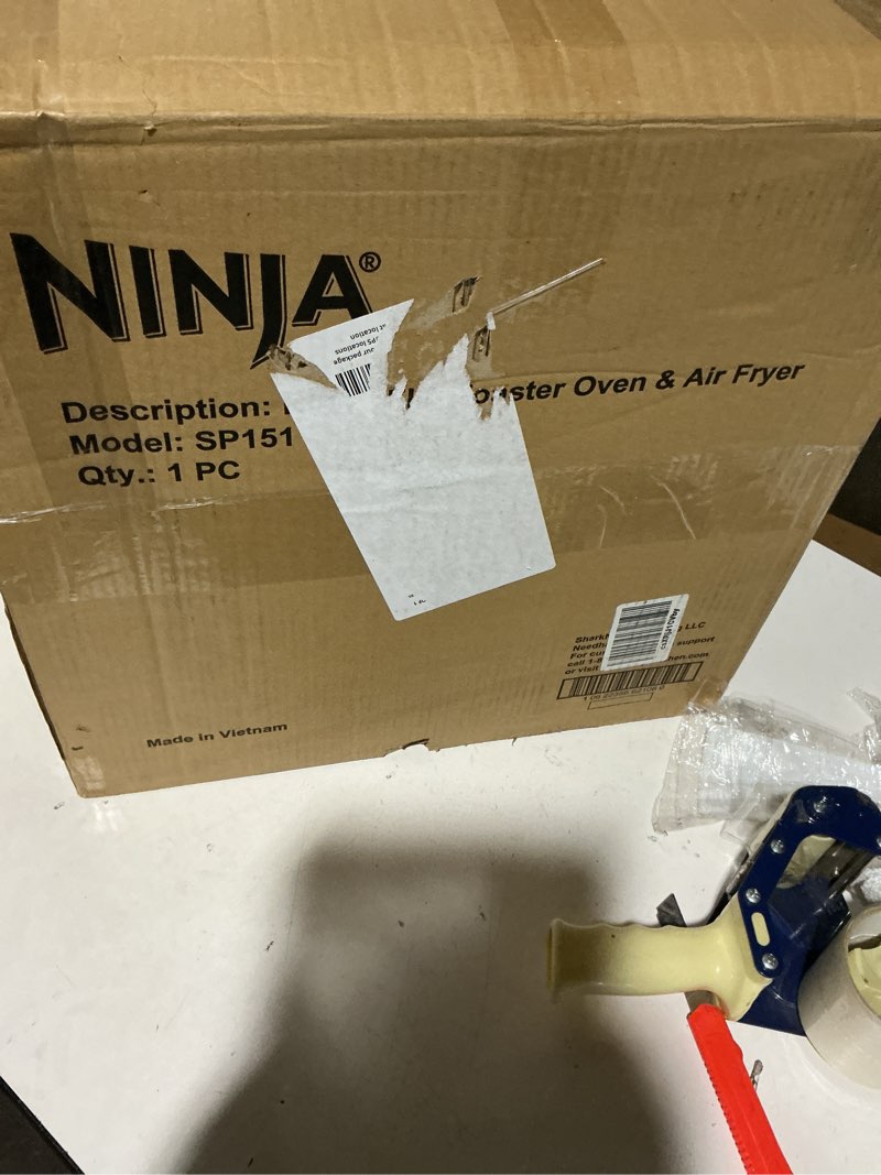 Condition photo showing As Is for ninja air fryer toaster oven combo | 8-in-1 functionality | flip up & away for storage space | air fry basket, sheet pan, wire rack & removable crumb tray |1800 watt | stainless steel | sp151 stainless premium 8-in-1 flip oven