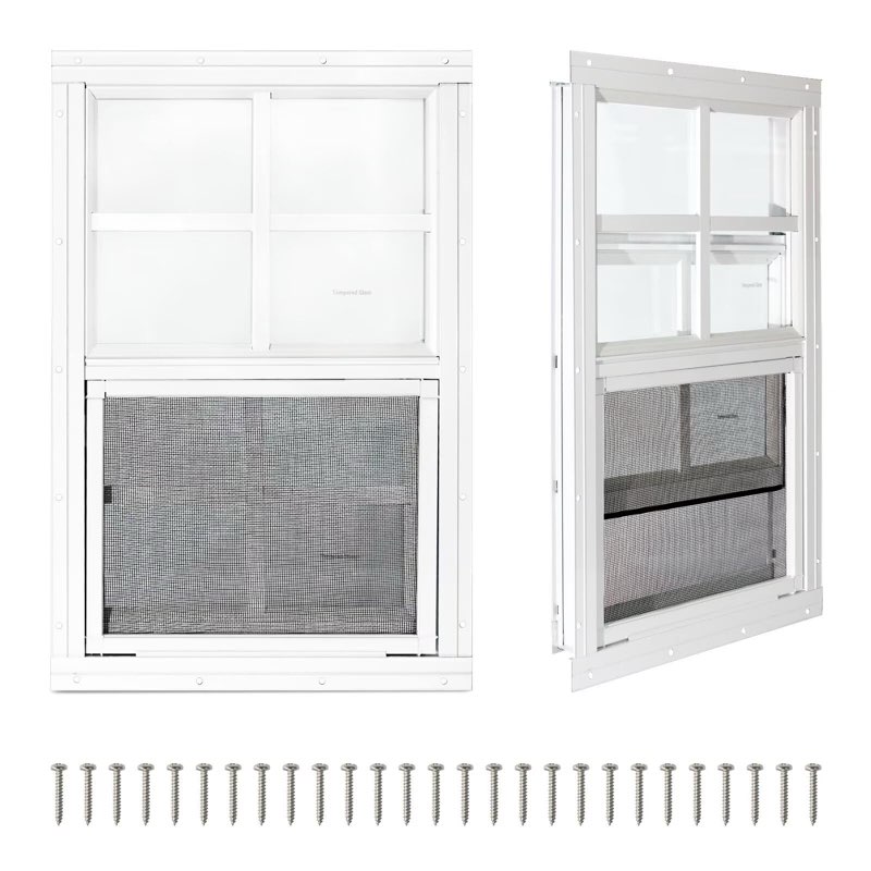 COLORPAPA 1 Pack Shed Windows,24\\\" x 36\\\" Small Sliding Windows,Flush Mount Windows with Tempered Glass and Fiberglass Screen for Shed, Chicken Coop, Playhouse, Household, Garage, Barns (White)