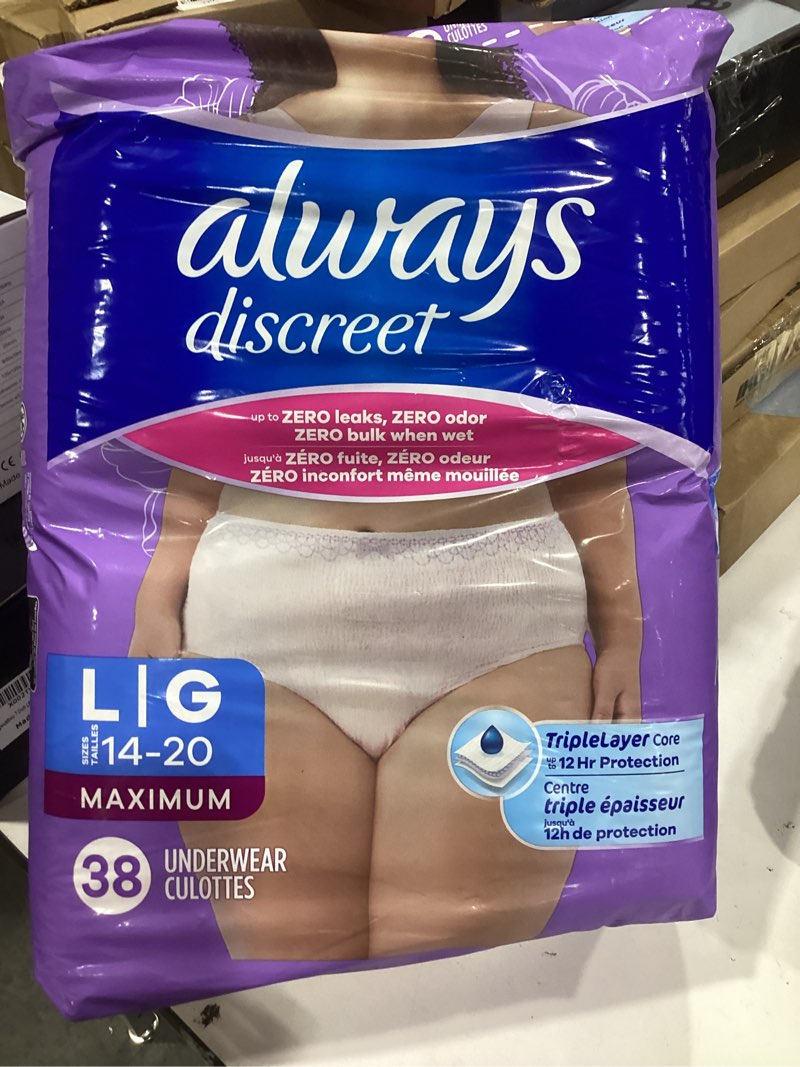 Condition photo showing New/Like New for always discreet adult incontinence underwear for women and postpartum underwear, extra large, up to 100% bladder leak protection, 64 count (2 packs of 32) x-large 64
