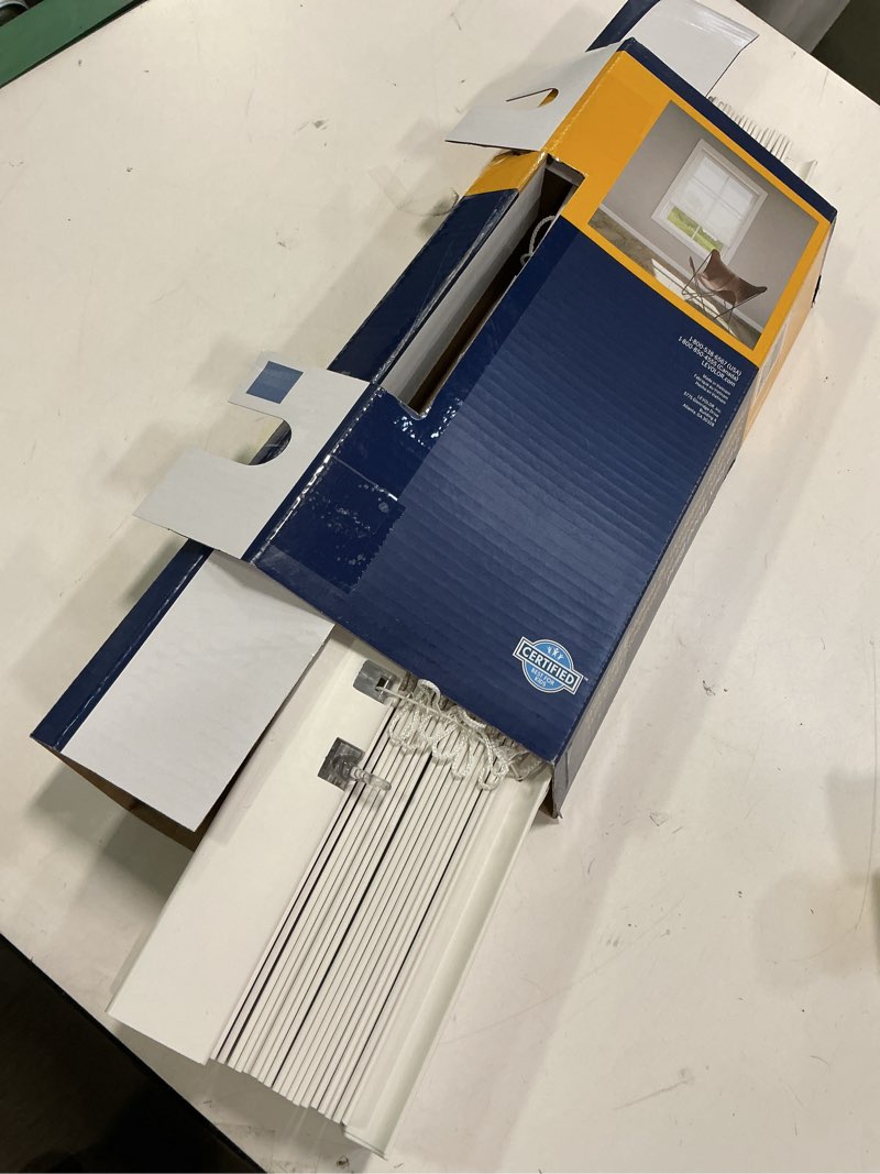 Condition photo showing As Is for LEVOLOR 2-in White Faux Wood Blinds 34-in x 64-in