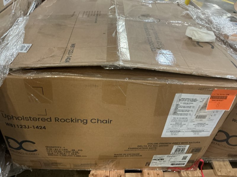 Condition photo showing New/Like New for delta children colby rocking chair - french gray and natural