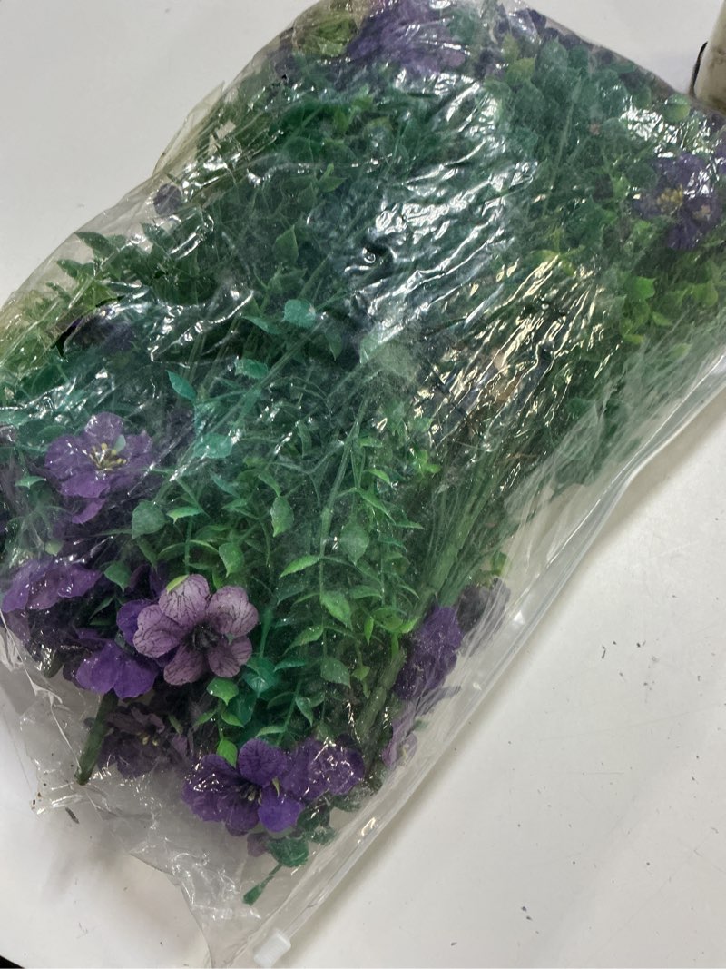 Condition photo showing Good Condition for artificial flowers for outdoor indoor garden home decoration, faux flower daisy with eucalyptus leaves fake plants greenery boxwood porch patio, 12 bundles (purple 2)