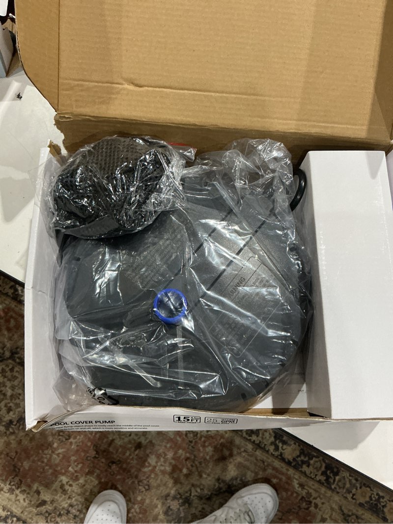 Condition photo showing Good Condition for automatic pool cover pump, 1500 gph submersible water sump pump for pool draining with 25 ft power cord and 2 adapters, water removal for swimming pool, hot tub, pond, blue