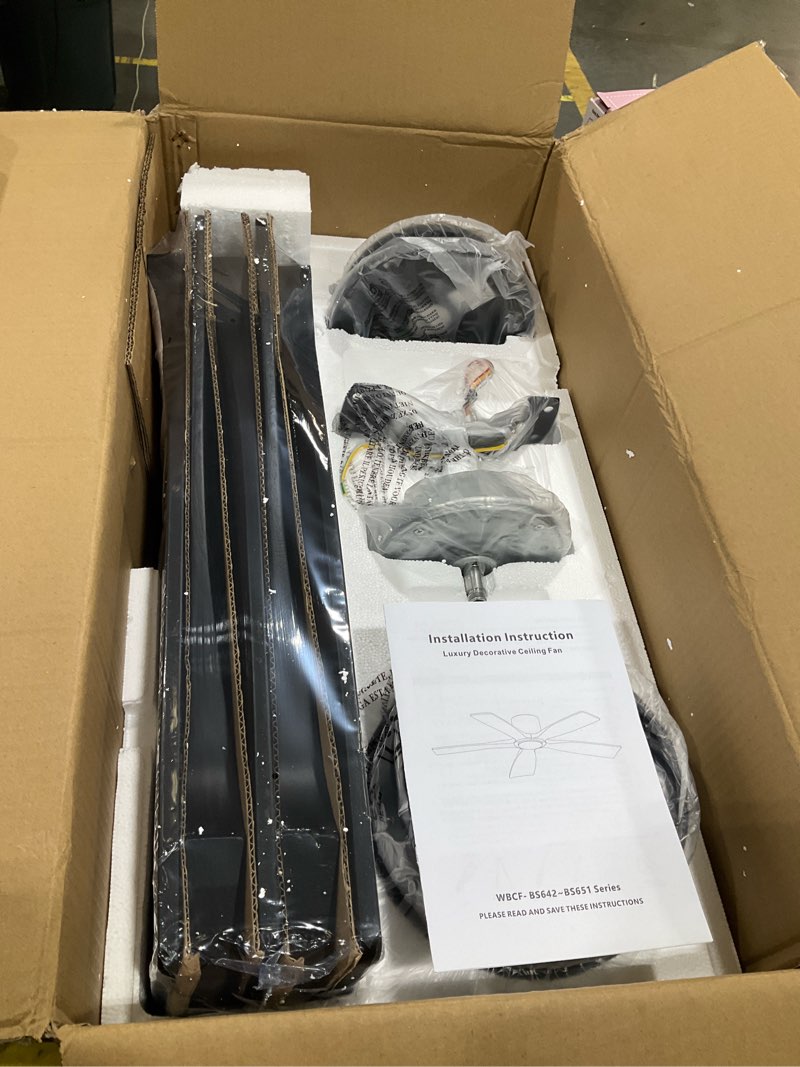 Condition photo showing Good Condition for wingbo 48 inch dc ceiling fan with lights, 5 carved solid wood blades, 6-speed noiseless reversible dc motor, indoor ceiling fan in matte black finish with black blades black 48\"