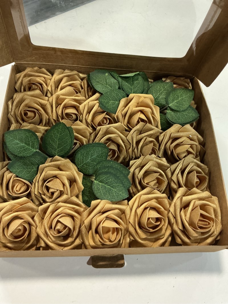 Condition photo showing Good Condition for Ling's moment Fall Artificial Flowers 25Pcs Shimmer Gold Roses w/Stems,3" Real Touch DIY Foam Floral for Wedding Bouquet/Centerpieces, Outdoors Party Backdrop, Room/Table, and Garden/Pot Decorations Gld- Gold 25Pcs