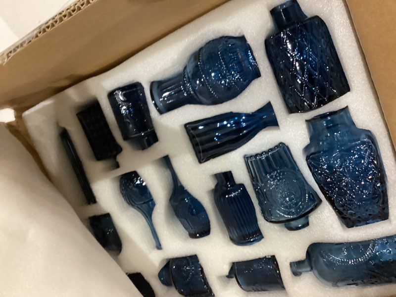 Condition photo showing Good Condition for glass bud vases set of 16 - blue assorted small mini glass vases for flowers, crystal vintage vase set, bulk centerpieces for table décor, wedding, home and events (blue, 16 pcs) blue 16 pcs