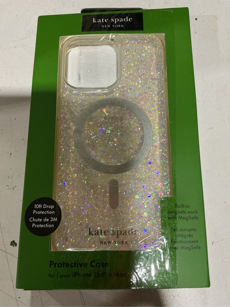 Condition photo showing Good Condition for kate spade new york iphone 15 pro max case, compatible with magsafe phone cover - chunky glitter iridescent
