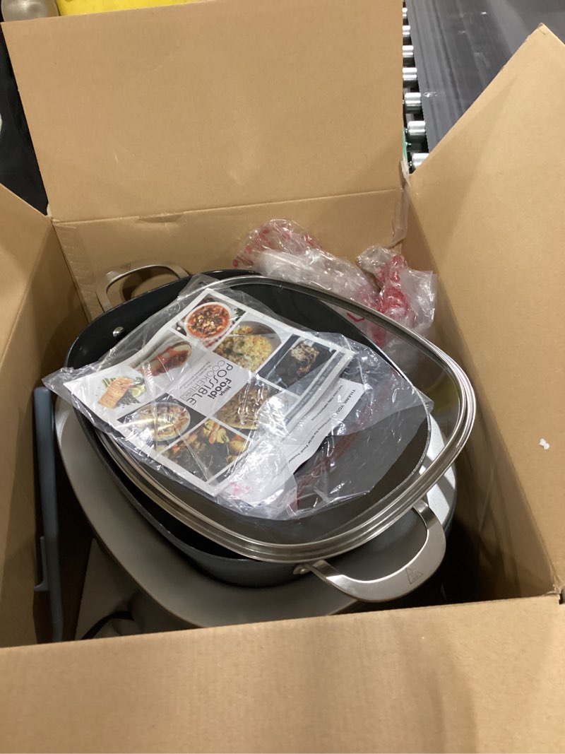 Condition photo showing As Is for ninja mc1001 foodi possiblecooker pro 8.5 quart multi-cooker, with 8-in-1 slow cooker, dutch oven, steamer, glass lid integrated spoon, nonstick, oven safe pot to 500°f, sea salt gray sea salt gray 8.5 quarts