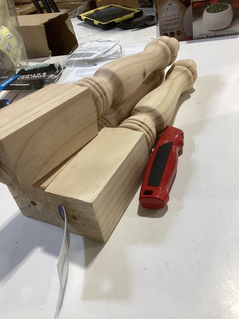 Condition photo showing New/Like New for 3 pack farmhouse table leg with chamfer - 15 in. h x 2.25 in. dia. - unfinished sanded pine wood - diy home furniture