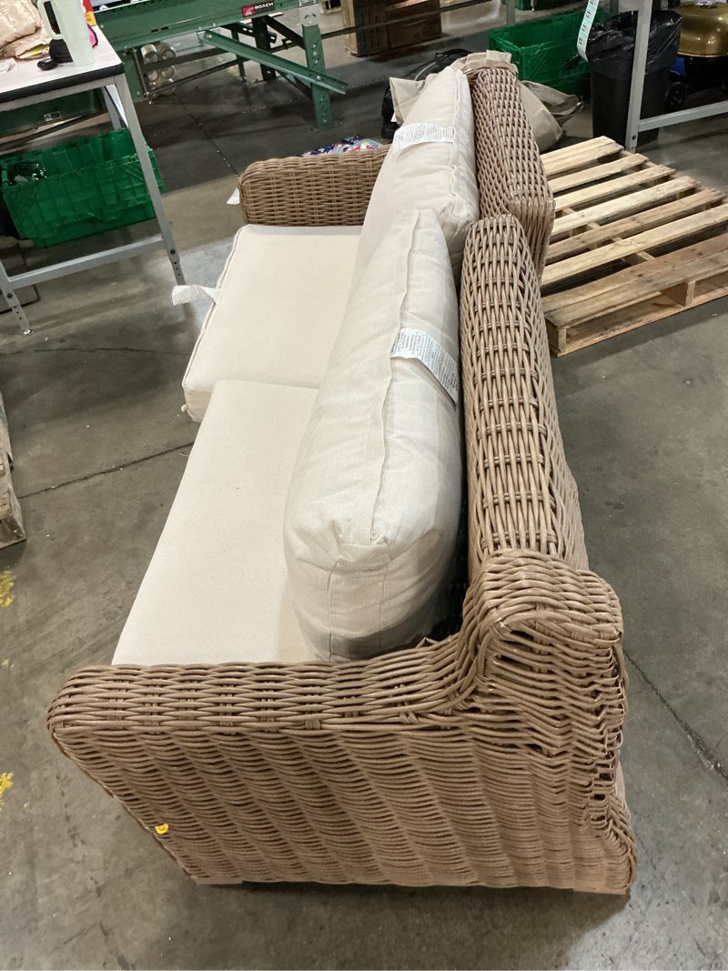 Condition photo showing Good Condition for better homes & gardens bellamy outdoor 1pc sofa, tan wicker/cream cushion