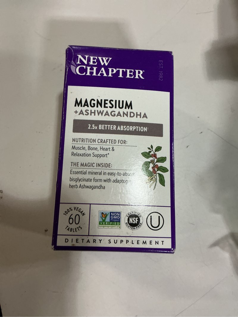 Condition photo showing New/Like New for (Expiration:08/26)New Chapter Magnesium + Ashwagandha Supplement, 325 mg with Magnesium Glycinate for Muscle Relaxation & Recovery, Heart, Nerve & Bone Health, 2.5X Absorption, Non-GMO - 60 ct (2 Month Supply) 60 Count (Pack of 1)
