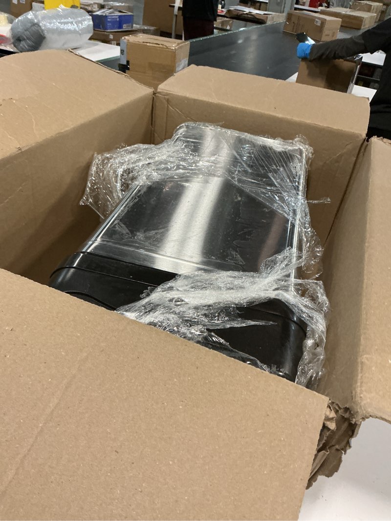 Condition photo showing As Is for iTouchless Rolling 13 Gallon Sensor Kitchen Trash Can with Lid and Wheels, Odor Filter, Stainless Steel, Automatic Kitchen Trashcan Garbage Bin for Home Office Bedroom Living Room Garage Wastebasket Silver and Black