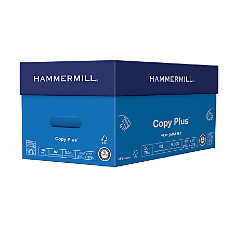hammermill® copy plus® copy paper, 10 reams, white, letter (8.5" x 11"), 5000 sheets per case, 20 lb, 92 brightness, fsc® certified