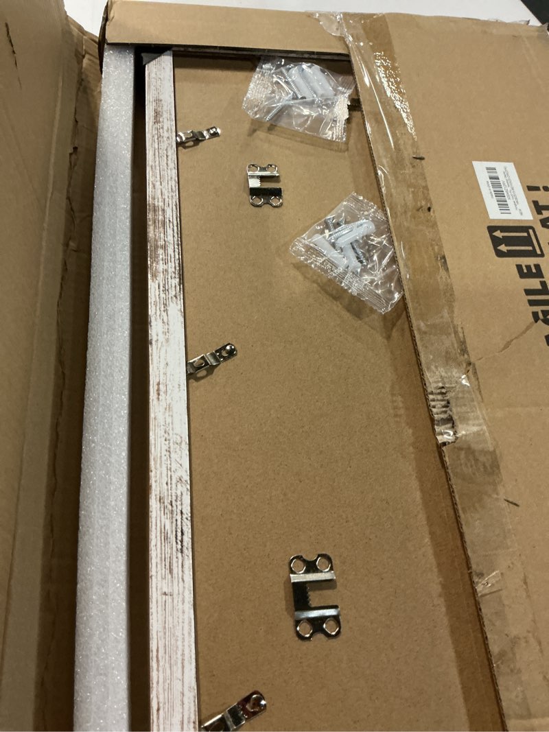 Condition photo showing New/Like New for 10x20 picture frame set of 2, distressed white wood frame with real glass collage frame, display pictures three 5x7 with mat or 10 x 20 without mat - horizontal or vertical wall mounting 10x20 in matted to 3-5x7 distressed white