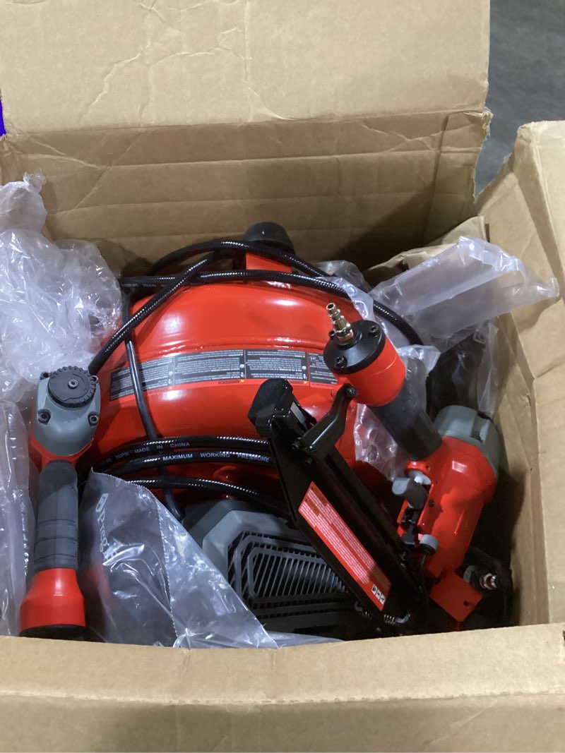 Condition photo showing As Is for craftsman 6 gallon portable pancake air compressor, oil-free, max 150 psi, 1 hp, 2.6 scfm @ 90 psi, with 25 ft air hose and 2 quick couplers, model cmxecxa0210641c