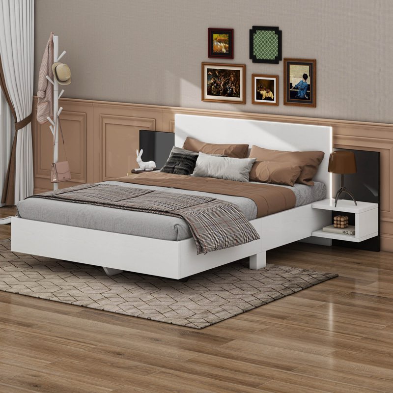 (INCOMPLETE BOX 2/2)Modern Floating Bed With LED Lights Strip And Bedside Nightstand