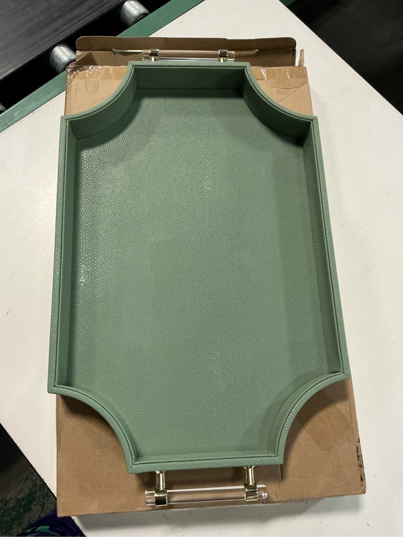Condition photo showing New/Like New for 22.6'' × 13'' coffee table tray shagreen decorative tray for ottoman home decor serving tray with acrylic gold handles modern elegant scalloped large ottoman tray green 22.6" x 13" x 2"