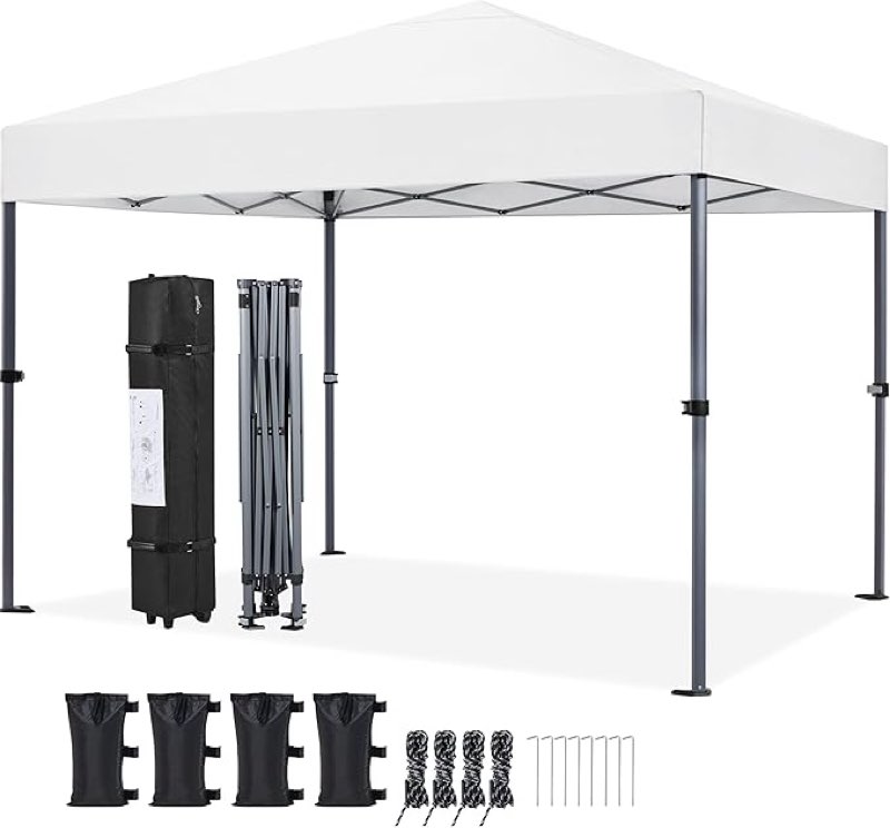 yaheetech 10x10 1-person setup pop up canopy tent, instant portable commercial canopy tent, outdoor gazebo with 1-button push, wheeled bag & 4 sandbags for home, party & outdoor activities, white