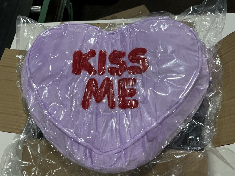 Condition photo showing Good Condition for similar Toothsome Studios Kiss Me 15\" x 15\" Polyester Heart Shaped Pillow Cover (Insert/Filling Not Included), Candy Heart Theme Plush Throw Valentine's Day Home Decor (1, KissMePillow) 1 Kissmepillow