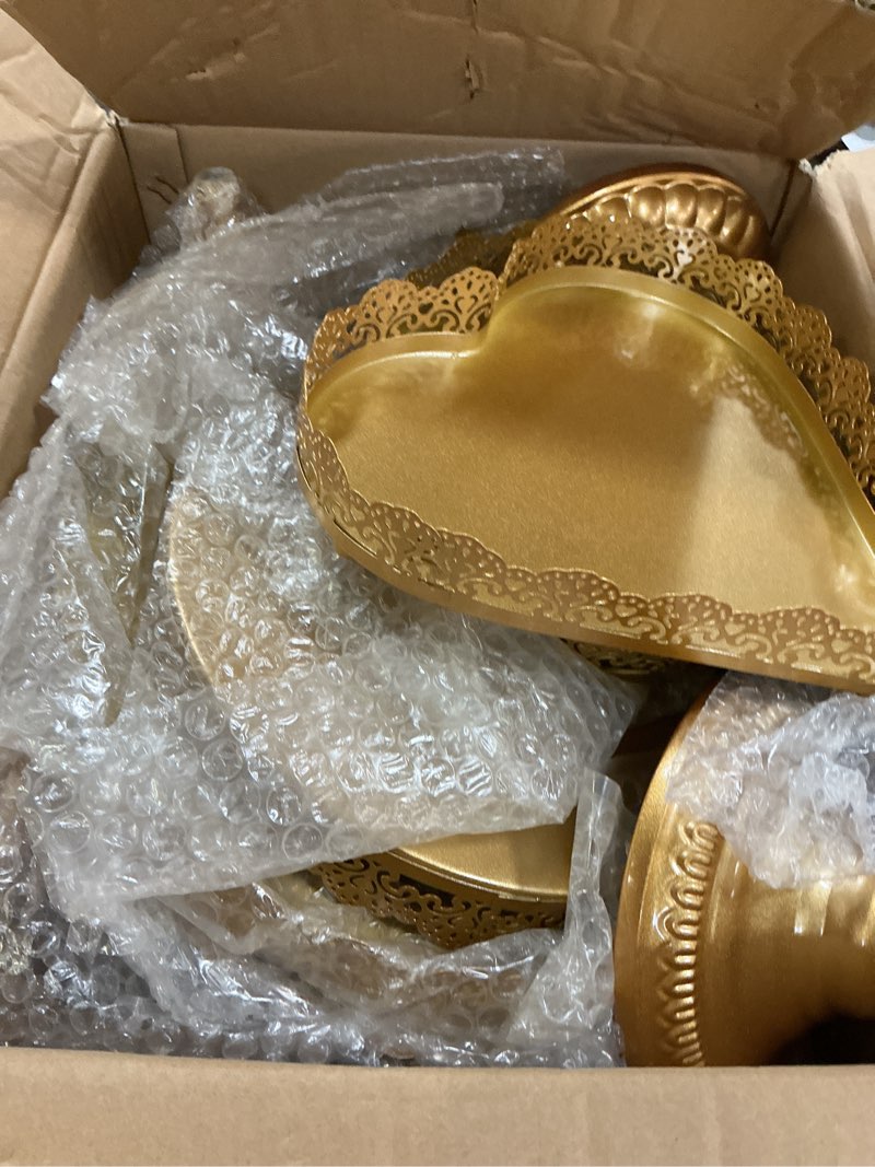 Condition photo showing Good Condition for set of 9 cake stands metal cupcake stand set multiple styles candy fruit display tower dessert plate cake serving tray for birthday party wedding anniversary baby shower engagement (gold)
