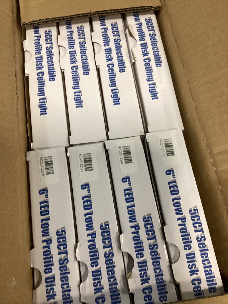 Condition photo showing New/Like New for 8 packs 6 inch 5cct field selectable led low profile recessed & surface mount disk light, round, 15w, 920 lumens, cri80, 27k-30k-35k-40k-50k, driverless, dimmable, etl & wet listed, white 8 packs 5cct white 6inch