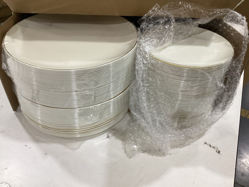 Condition photo showing Good Condition for bucla 200pcs ivory plastic plates with gold rim - heavy duty cream disposable include 100 dinner 10 inch & 100 dessert 7 inch plates, ideal for party & wedding ivory gold 200pcs