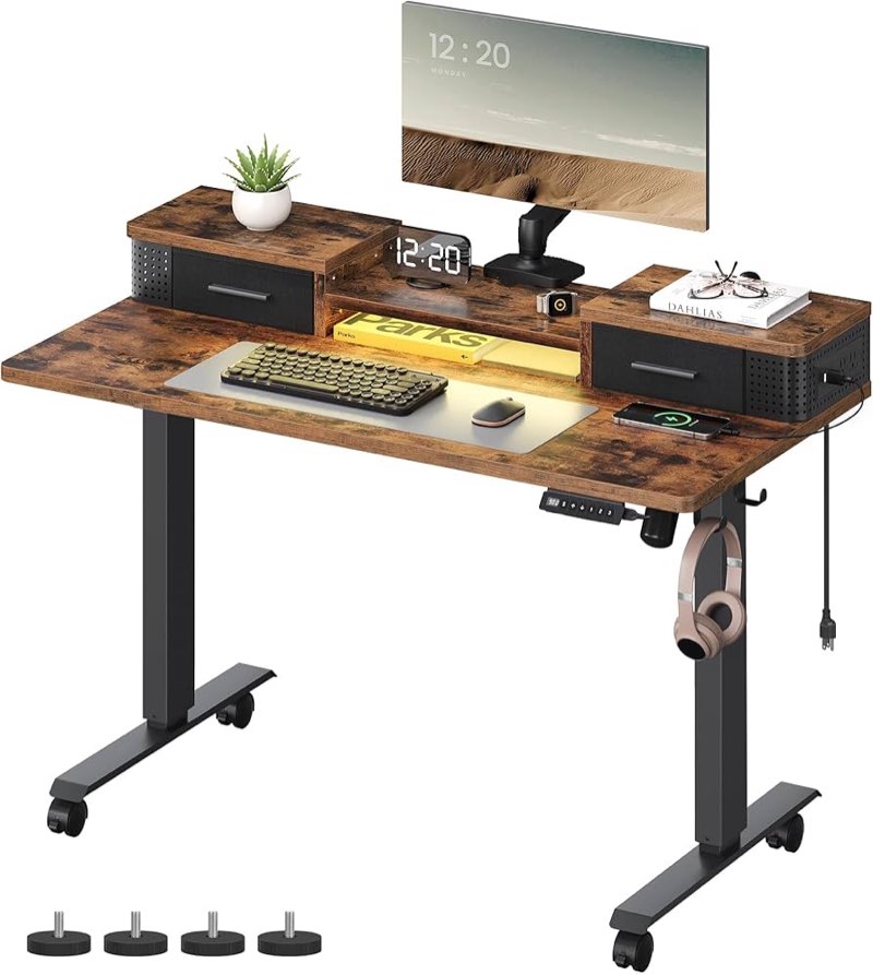  Similar Electric Standing Desk with Drawers, 47.2 x 23.6 Inches, Sit Stand Desk with Power Outlet and LED Lights, Adjustable Height, Storage Shelf, 3 Memory Buttons, for Home Office, Rustic Brown