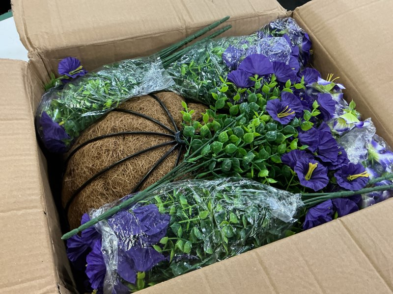 Condition photo showing Good Condition for 2 set artificial petunias flowers with hanging baskets, 24 pcs silk petunia uv resistant purple faux petunias flowers with hanging planter for front door porch spring outside decor (2, purple) purple 2
