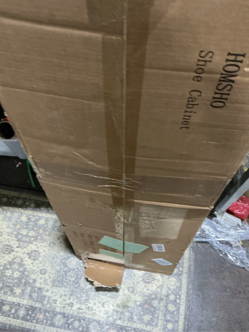 Condition photo showing Good Condition for 2-Tier Storage Bench, Shoe Bench with Padded Seat Cushion, Entryway Bench with 4 Barn Doors, Adjustable Shelf, 13.8" D x 47.2" W x 17.7" H, for Entryway, Living Room, Bedroom, Greige