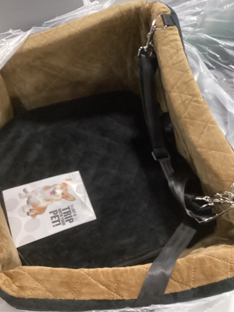 Condition photo showing Good Condition for Dog Car Seat for Small Medium Dogs,Detachable Washable Dog Booster Seat Under 30lbs, Pet Car Seat Travel Bed with Storage Pockets and Dog Safety Belt(Black/Brown)