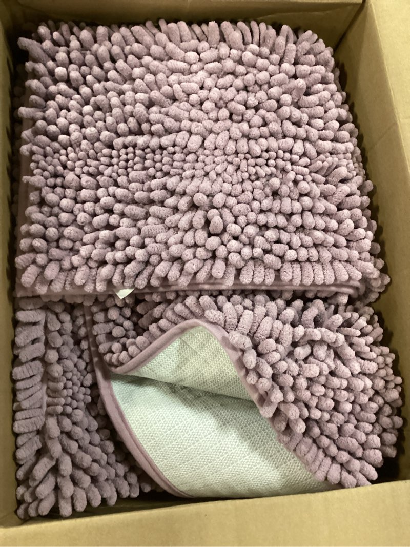 Condition photo showing Good Condition for accumtek striped lavender bathroom rug set 3 pieces ultra soft, non slip chenille toilet mat, absorbent plush shaggy bath mats for bathroom, bedroom, kitchen, mauve 2'8"x1'8"+2'×1'5"+u shape 2'x1'8" lavender