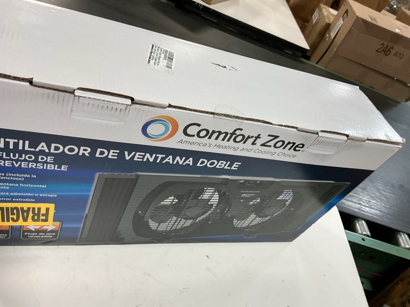 Condition photo showing New/Like New for comfort zone window fan for bedroom, 9 inch 3 speed dual fans with auto-locking expanders, window exhaust fan, removeable bug screen, black