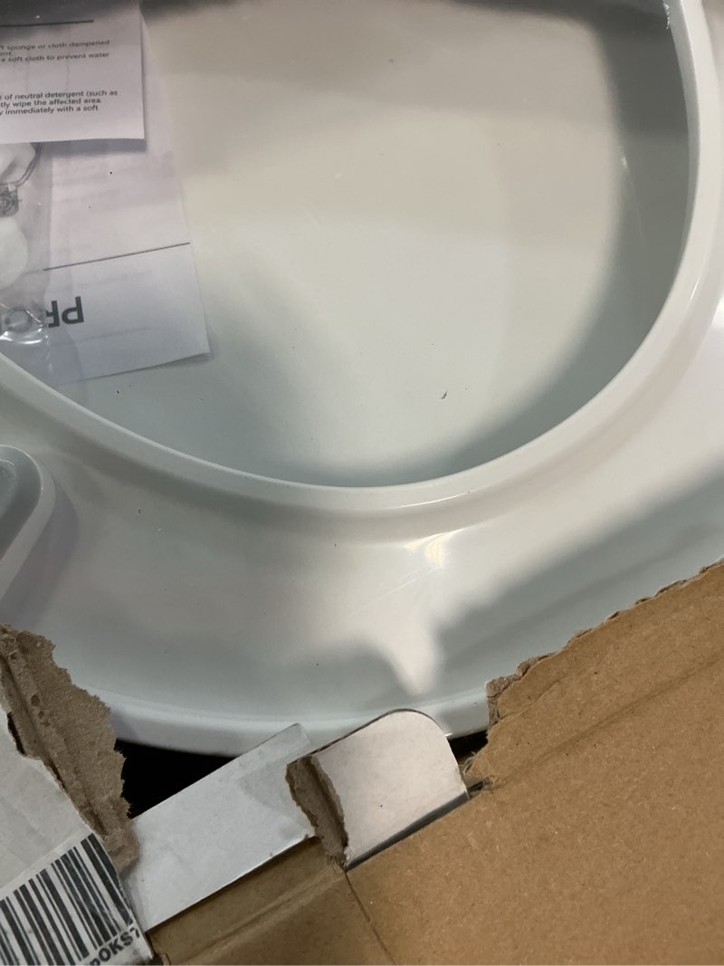 Condition photo showing New/Like New for round toilet seat, standard 16.5” slow/soft close round toilet seat for round toilets, no-slam quiet-close lid, easy-to-install, white, durable never-loosen design