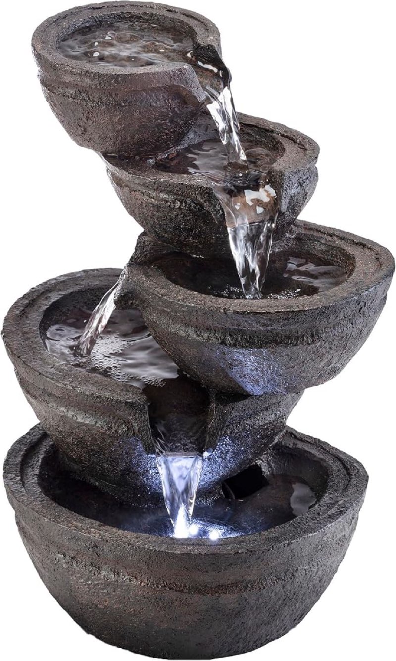 alpine corporation win1138 13" indoor tabletop tiering bowls water fountain with led lights – cascading water feature for home, office, meditation, and relaxation, dark gray