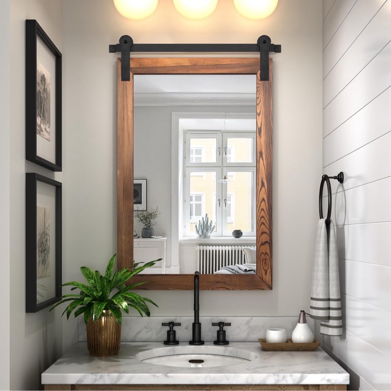 COGOOD Farmhouse Barn Door Mirror - 21 x 30 Rustic Wood Framed Wall Mirror for Bathroom, Living Room