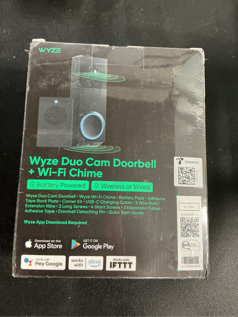 Condition photo showing New/Like New for wyze wireless duo cam video doorbell (chime included), battery powered, 2k full hd video, 2 cameras (people and package), 2-way audio, color night vision black