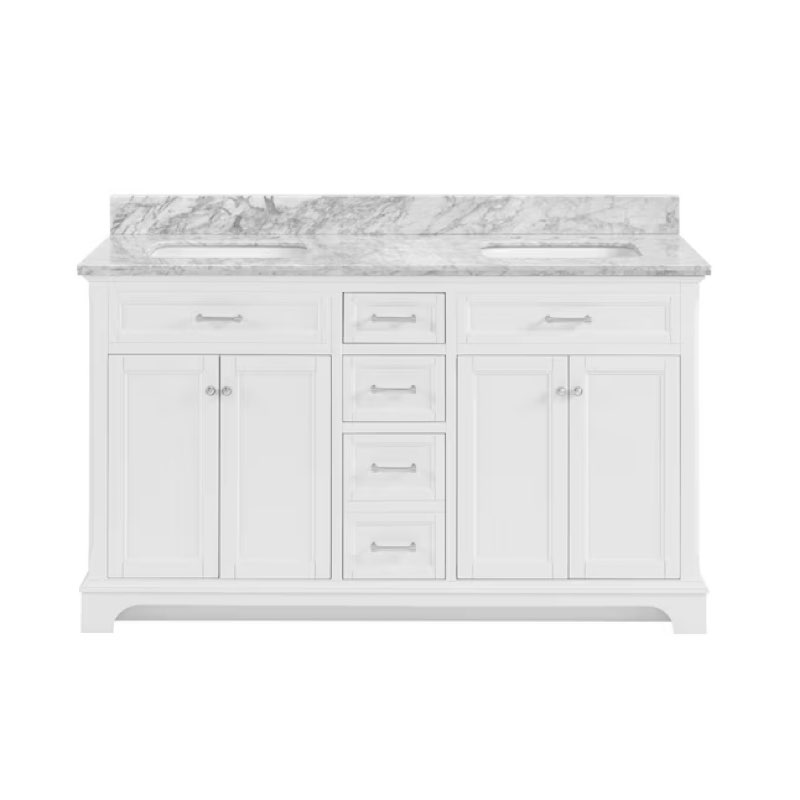 allen + roth roveland 60-in white undermount double sink bathroom vanity with carrara natural marble top