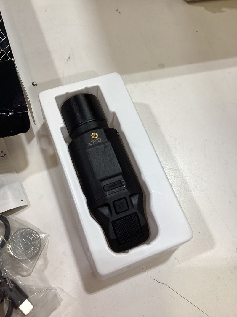 Condition photo showing Good Condition for 1500 lumens red laser light combo is compatible with picatinny rail for rifle, rechargeable tactical flashlight/weapon light with strobe & momentary (not for pistol)