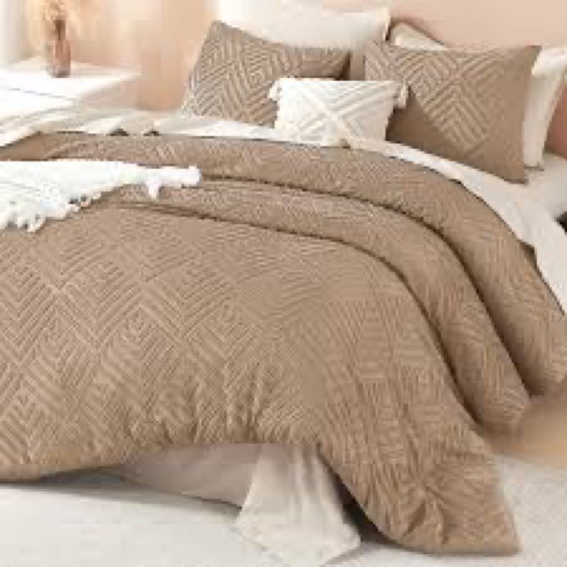 Litanika Taupe Full Comforter Set, 3 Pieces Tufted Boho Farmhouse Bedding Comforter Sets, Lightweigh