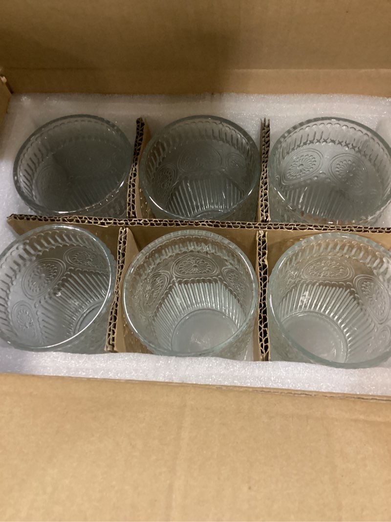 Condition photo showing New/Like New for Kingrol Embossed Vintage Drinking Glasses Set of 6, 12 oz Textured Glass Tumblers, Clear Retro Water Glasses for Iced Coffee, Juice, Cocktails & Everyday Use